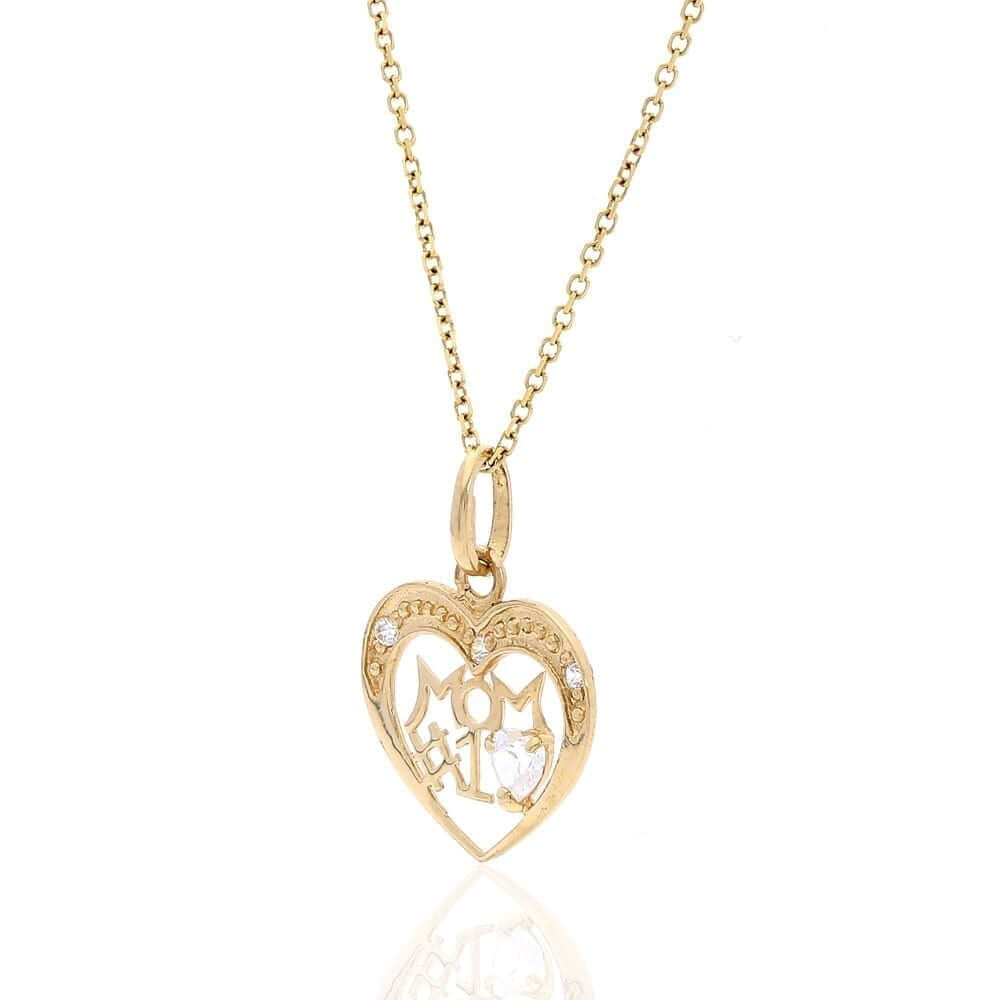 14k Yellow Gold White Zircon #1 Mom Heart Pendant Cable Chain 16-18"