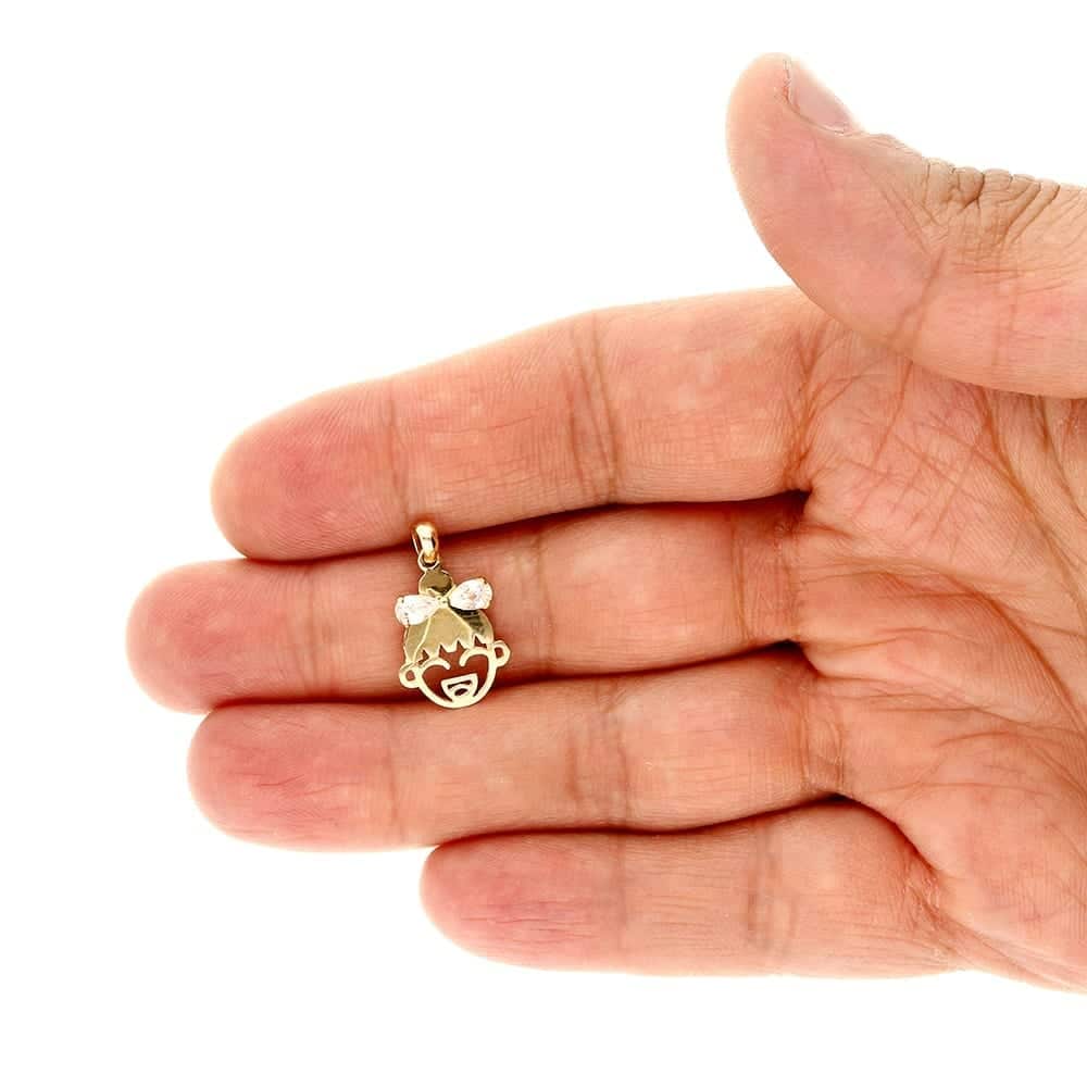 14K Yellow Gold White Zircon Girl Bow Pendant Cable Chain Necklace 16-18" adjust