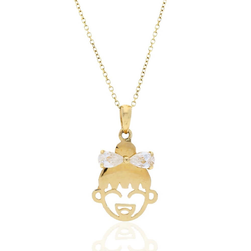 14K Yellow Gold White Zircon Girl Bow Pendant Cable Chain Necklace 16-18" adjust