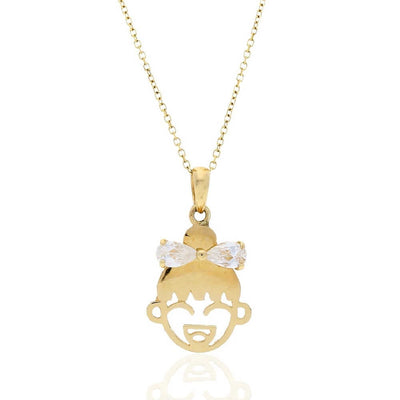 14K Yellow Gold White Zircon Girl Bow Pendant Cable Chain Necklace 16-18" adjust