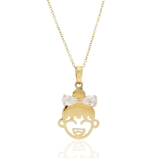 14K Yellow Gold White Zircon Girl Bow Pendant Cable Chain Necklace 16-18" adjust