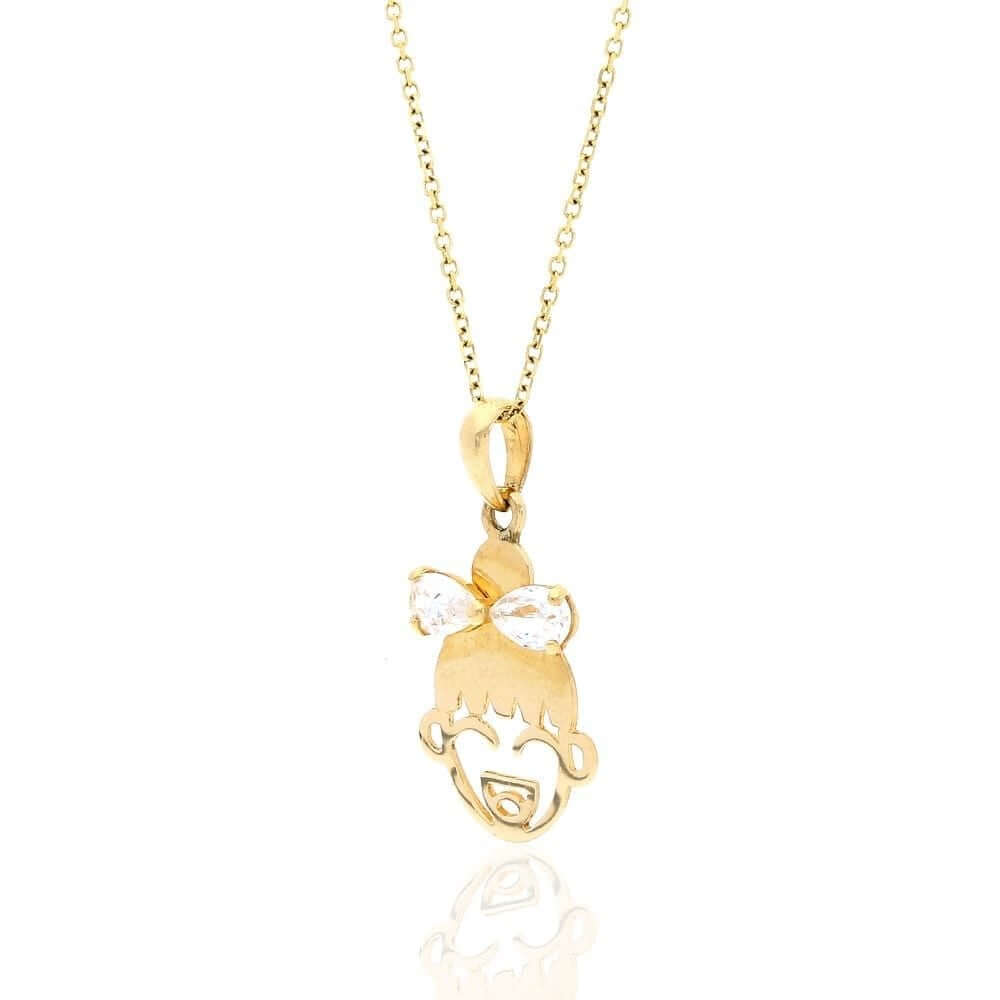 14K Yellow Gold White Zircon Girl Bow Pendant Cable Chain Necklace 16-18" adjust