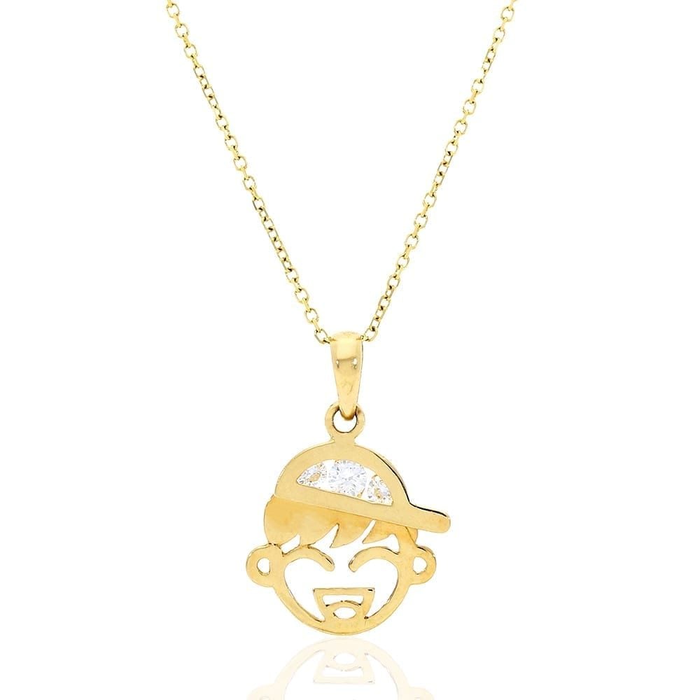 14K Real Gold Yellow CZ Boy Bow Pendant Cable Chain Necklace 16"-18" adjust