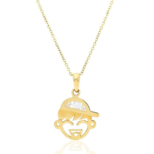 14K Real Gold Yellow CZ Boy Bow Pendant Cable Chain Necklace 16"-18" adjust