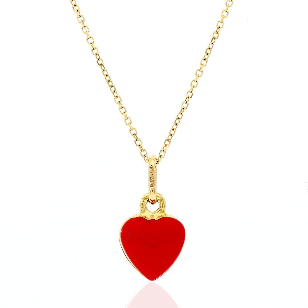 14k Yellow Gold Red Enamel Heart Pendant Cable  Chain 16"-18"