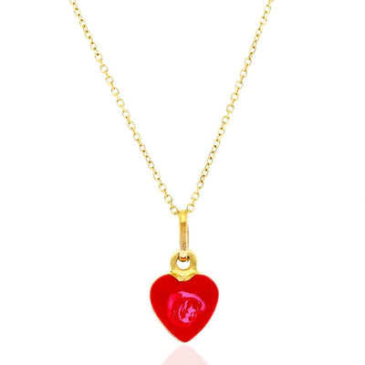 14k Yellow Gold Red Rose Enamel Heart Pendant Cable Chain 16"-18"