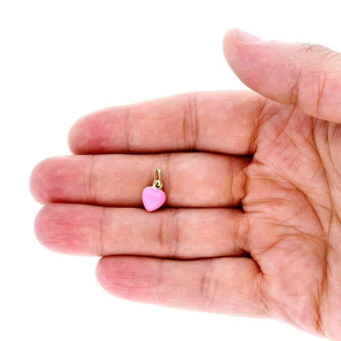 14k Yellow Gold Pink Enamel Heart Pendant Cable Chain 16-18"