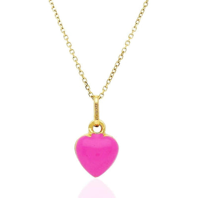 14k Yellow Gold Pink Enamel Heart Pendant Cable Chain 16-18"