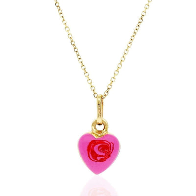 14k Yellow Gold Pink Rose Enamel Heart Pendant Cable Chain 16-18"