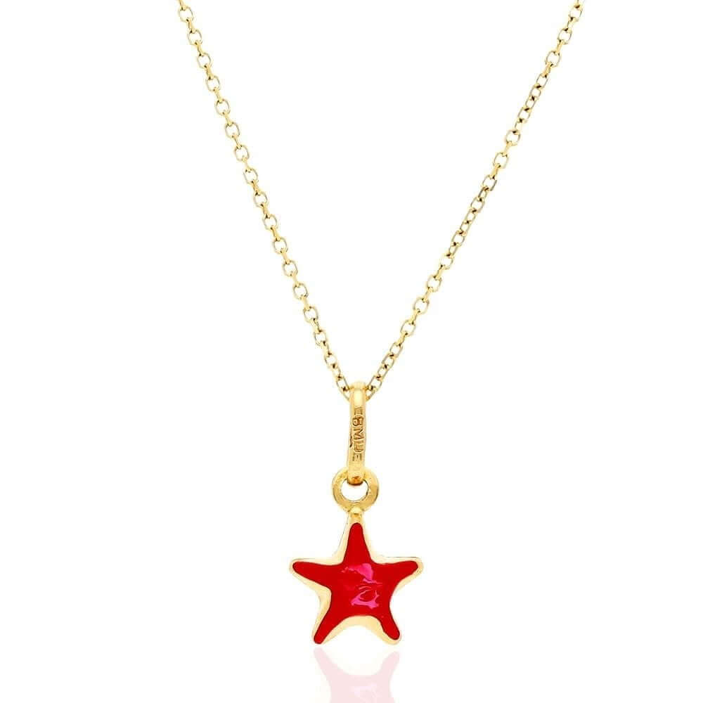 14k Yellow Gold Red Enamel Star KidsPendant Cable Chain 18"