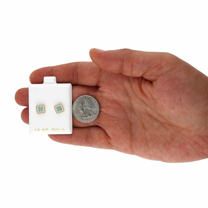 14K Yellow Gold Square Color Gemstone Screw Back Halo Stud Earrings