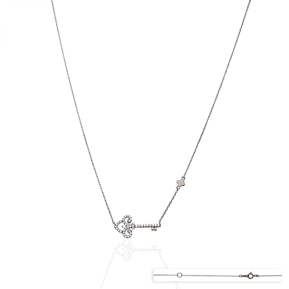 14k Yellow Gold Black Rhodium Over 925 Silver CZ Key Pendant Cable Necklace 18"