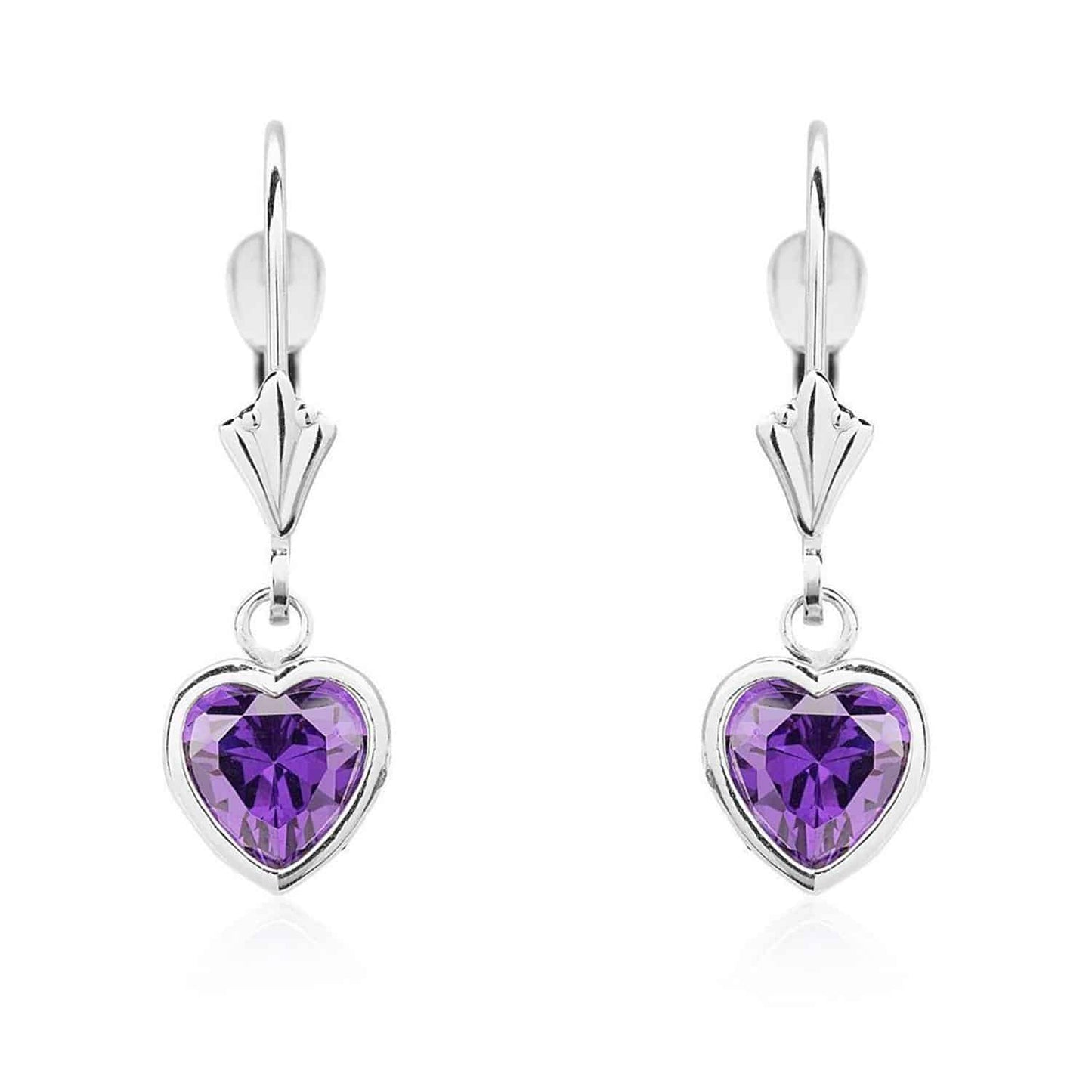 14K White Gold 7mm Bezel Heart Shaped Birthstone Leverback Dangle Earrings