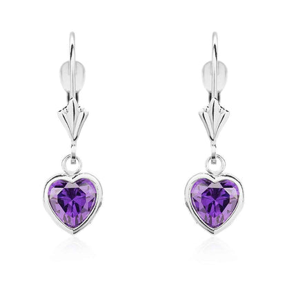 14K White Gold 7mm Bezel Heart Shaped Birthstone Leverback Dangle Earrings