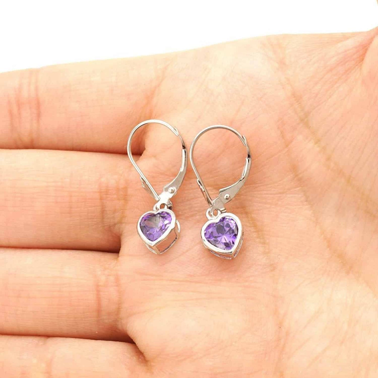 14K White Gold 7mm Bezel Heart Shaped Birthstone Leverback Dangle Earrings