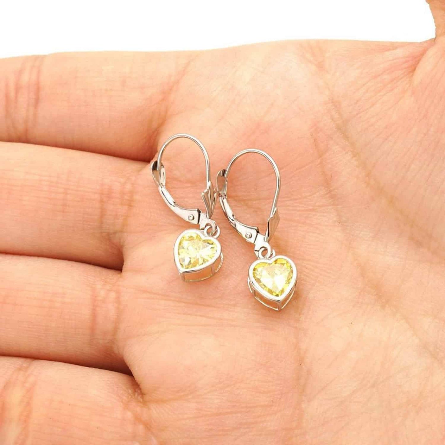 14K White Gold 7mm Bezel Heart Shaped Birthstone Leverback Dangle Earrings