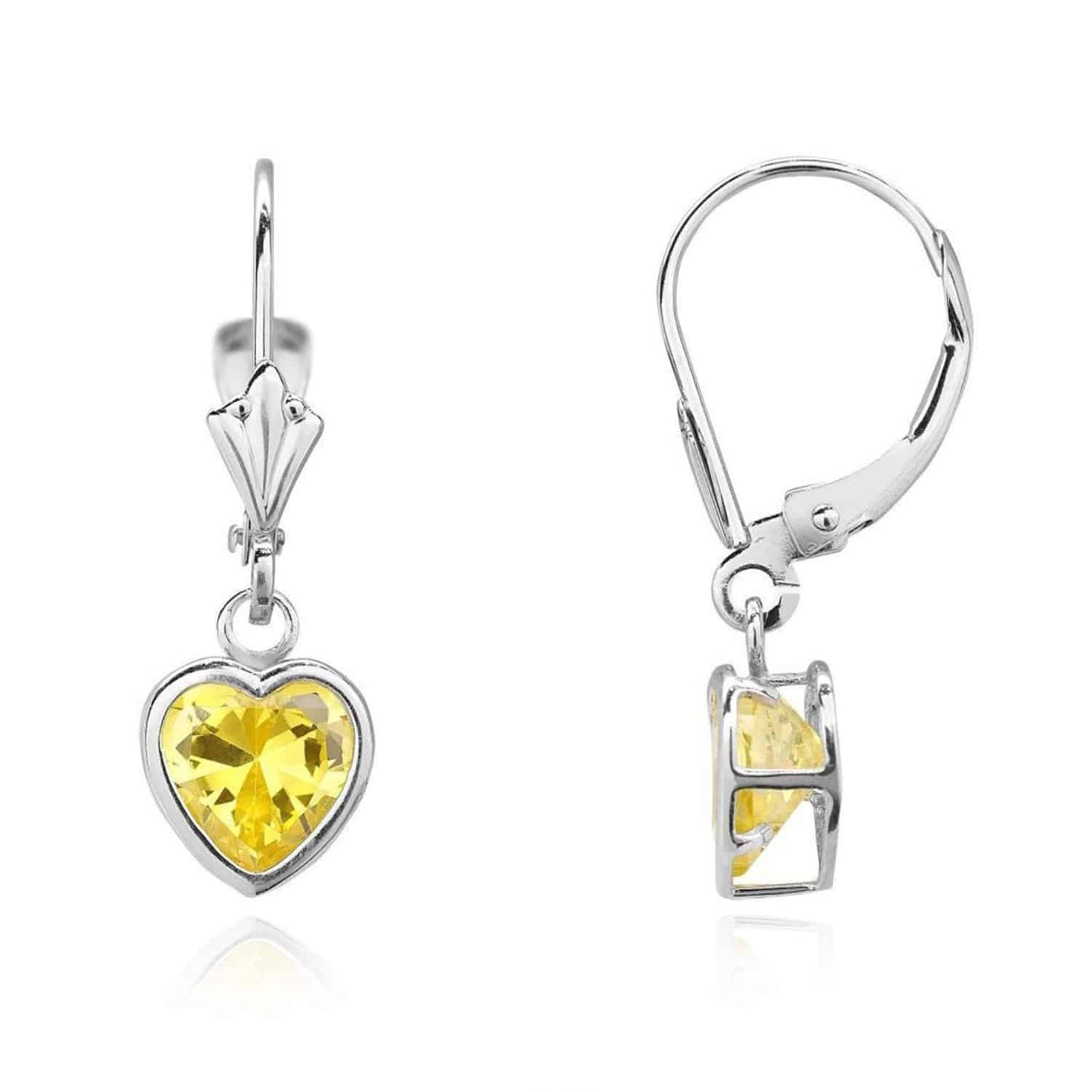 14K White Gold 7mm Bezel Heart Shaped Birthstone Leverback Dangle Earrings