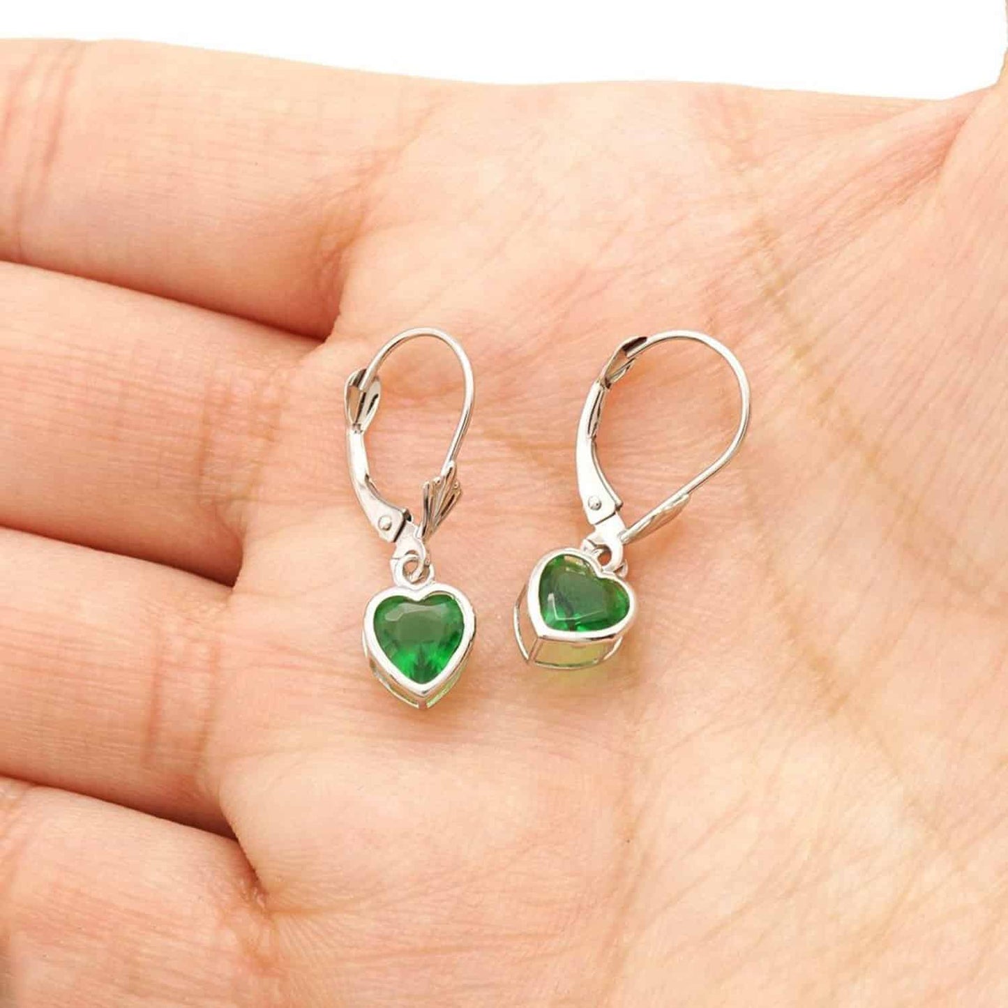 14K White Gold 7mm Bezel Heart Shaped Birthstone Leverback Dangle Earrings