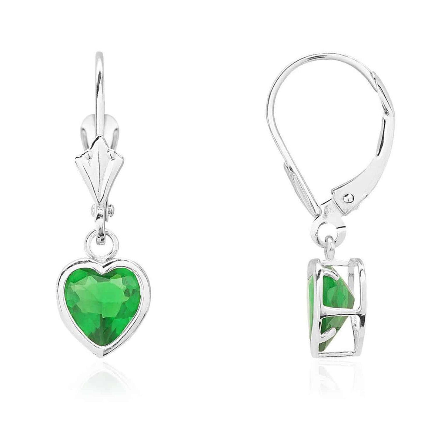 14K White Gold 7mm Bezel Heart Shaped Birthstone Leverback Dangle Earrings