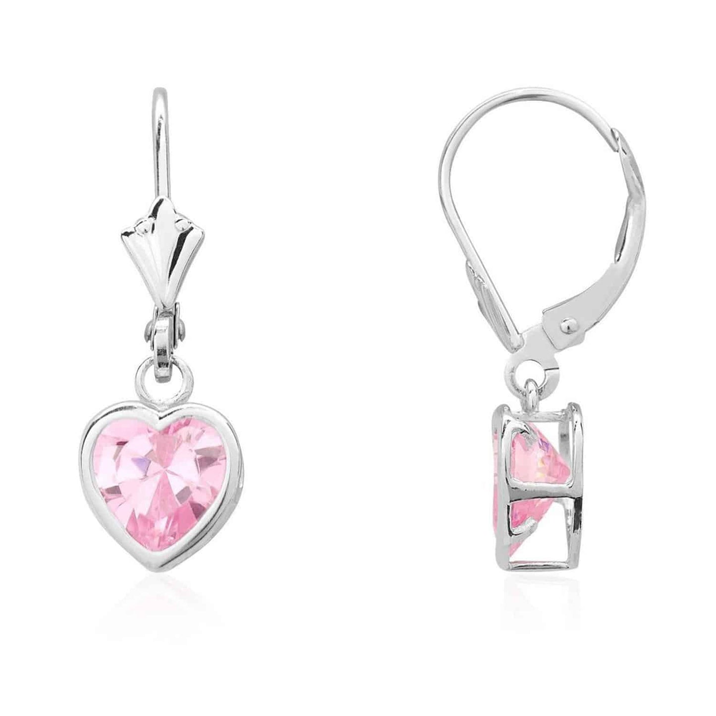 14K White Gold Bezel Heart Simulated Birthstone Leverback Dangle Earrings 5mm