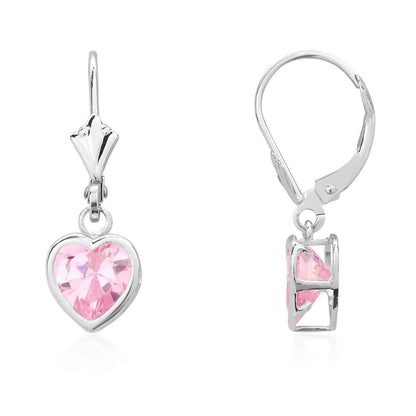 14K White Gold Bezel Heart Simulated Birthstone Leverback Dangle Earrings 5mm
