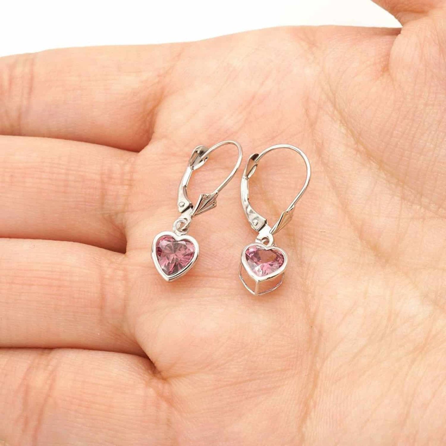 14K White Gold 7mm Bezel Heart Shaped Birthstone Leverback Dangle Earrings