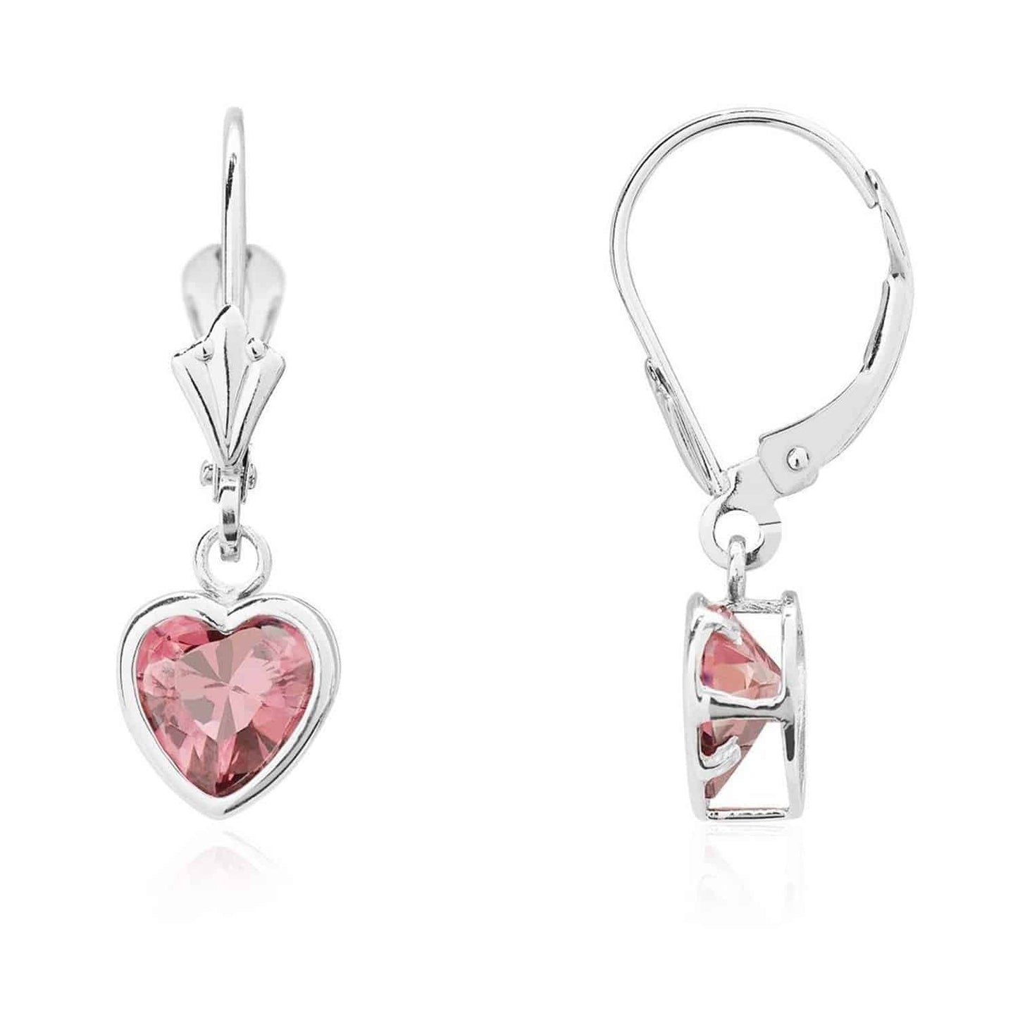 14K White Gold 7mm Bezel Heart Shaped Birthstone Leverback Dangle Earrings