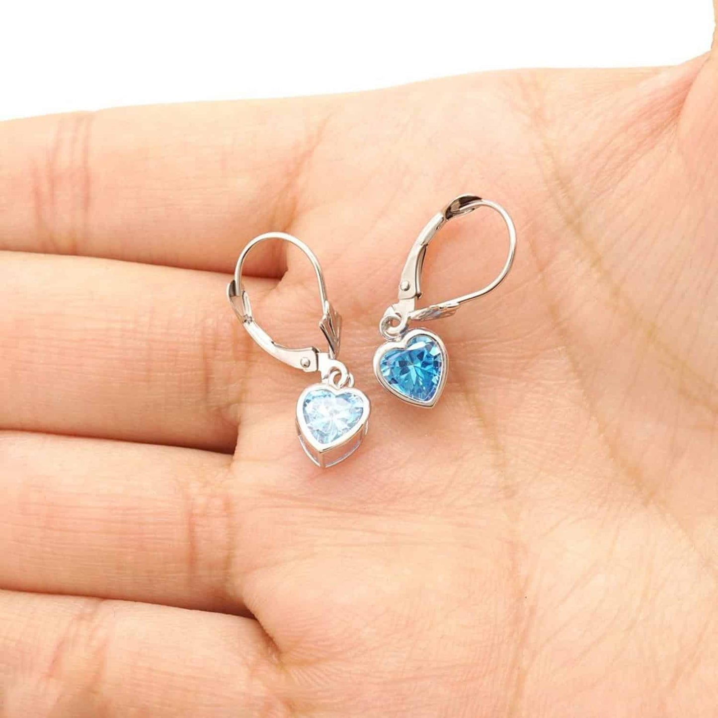 14K White Gold 7mm Bezel Heart Shaped Birthstone Leverback Dangle Earrings