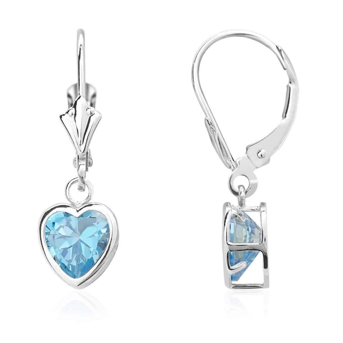 14K White Gold 7mm Bezel Heart Shaped Birthstone Leverback Dangle Earrings