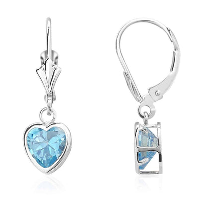 14K White Gold 7mm Bezel Heart Shaped Birthstone Leverback Dangle Earrings