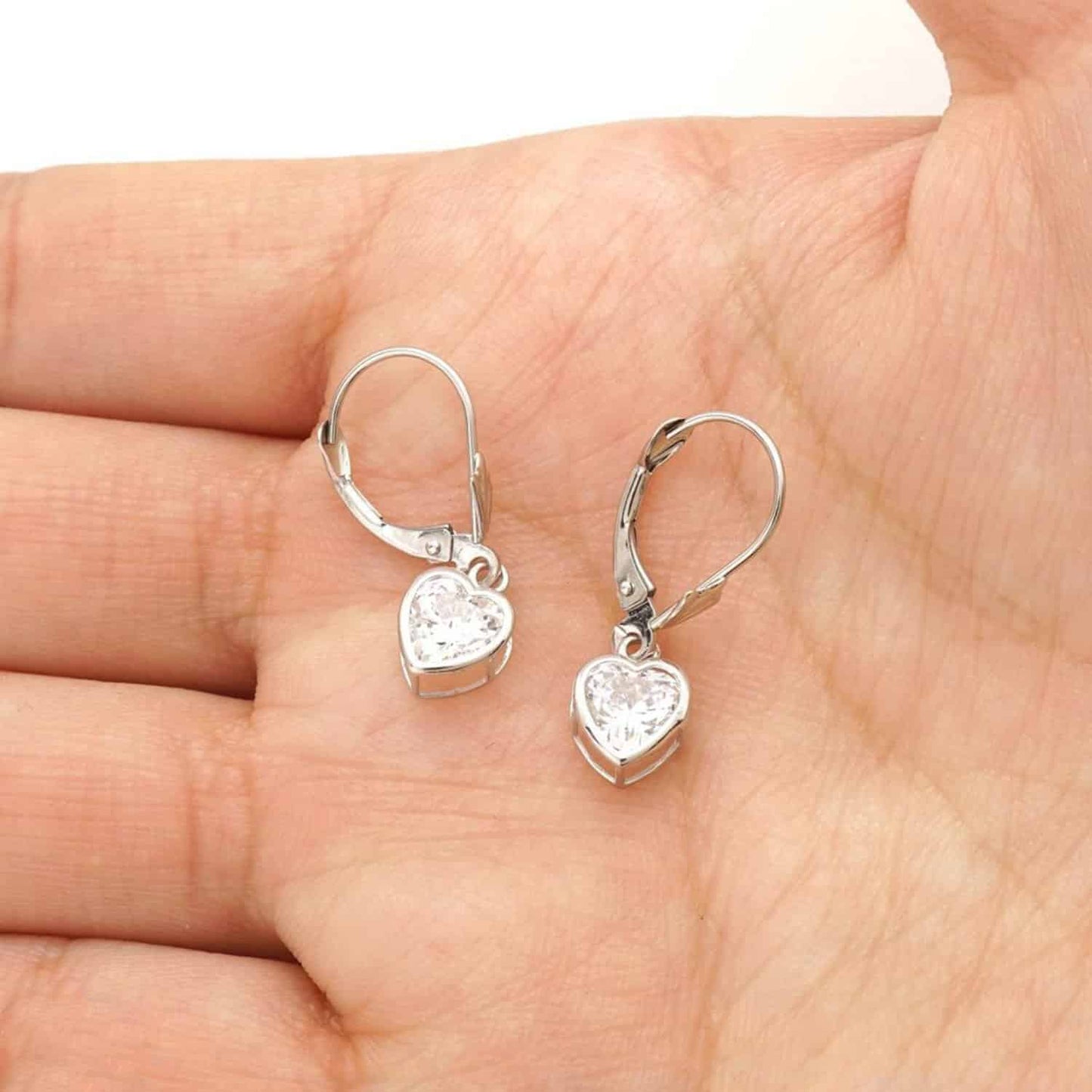 14K White Gold 7mm Bezel Heart Shaped Birthstone Leverback Dangle Earrings