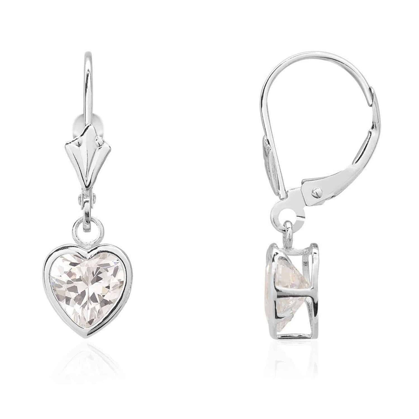 14K White Gold 7mm Bezel Heart Shaped Birthstone Leverback Dangle Earrings