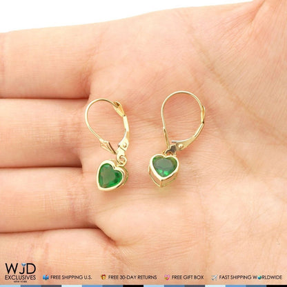 Bezel Heart Shaped Simulated Emerald 14K Yellow Gold Dangle Leverback Earrings