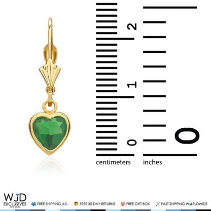 Bezel Heart Shaped Simulated Emerald 14K Yellow Gold Dangle Leverback Earrings