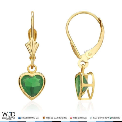 Bezel Heart Shaped Simulated Emerald 14K Yellow Gold Dangle Leverback Earrings