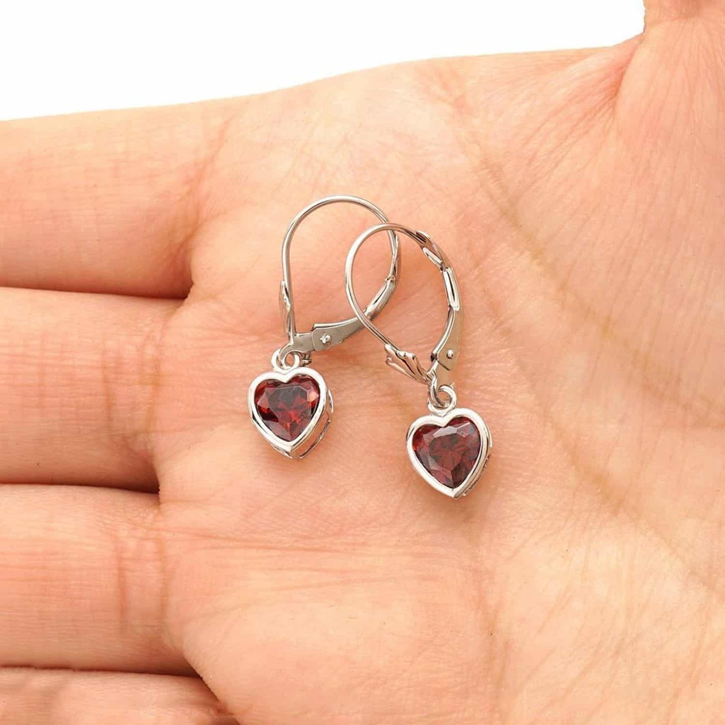 14K White Gold 7mm Bezel Heart Shaped Birthstone Leverback Dangle Earrings