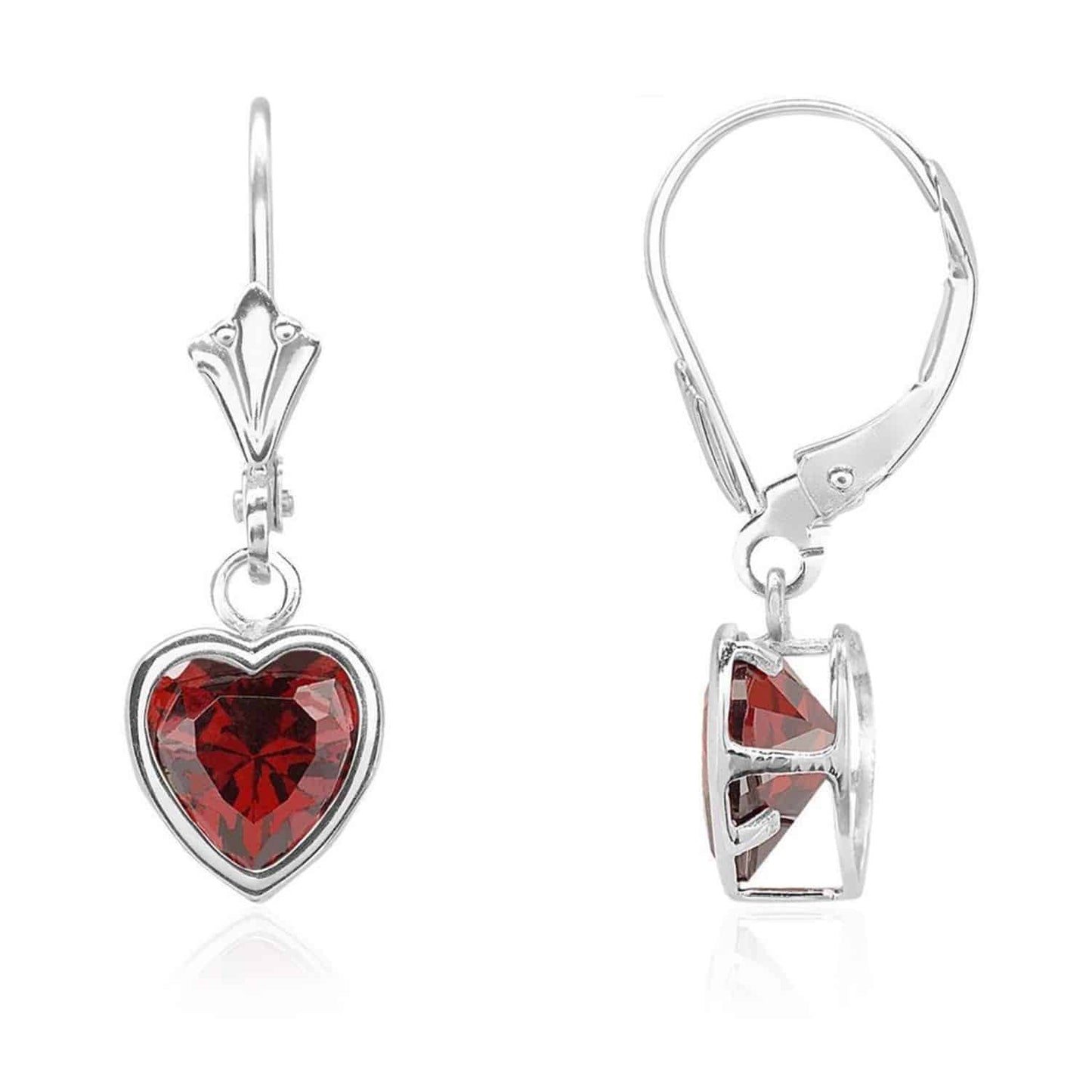 14K White Gold 7mm Bezel Heart Shaped Birthstone Leverback Dangle Earrings