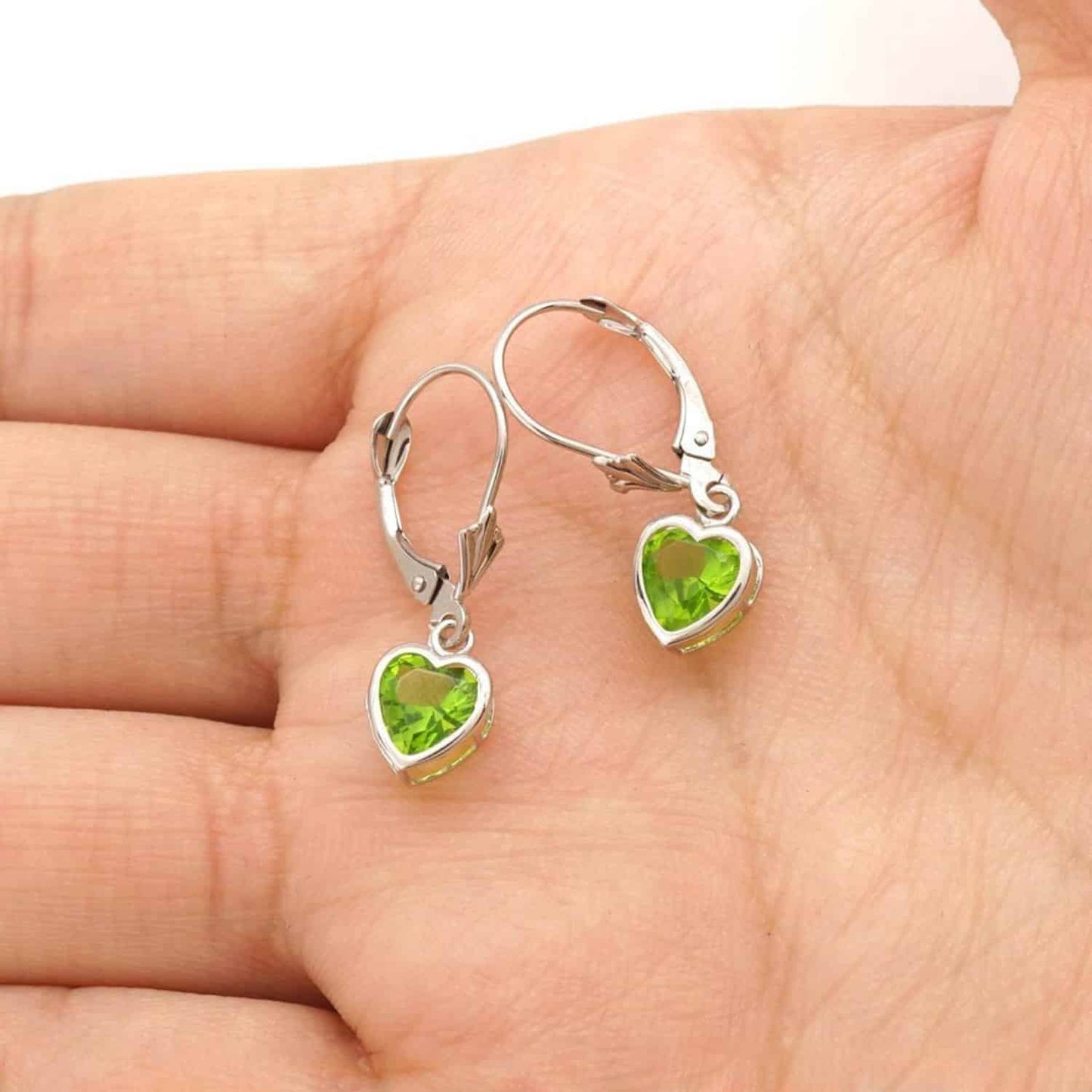 14K White Gold 7mm Bezel Heart Shaped Birthstone Leverback Dangle Earrings