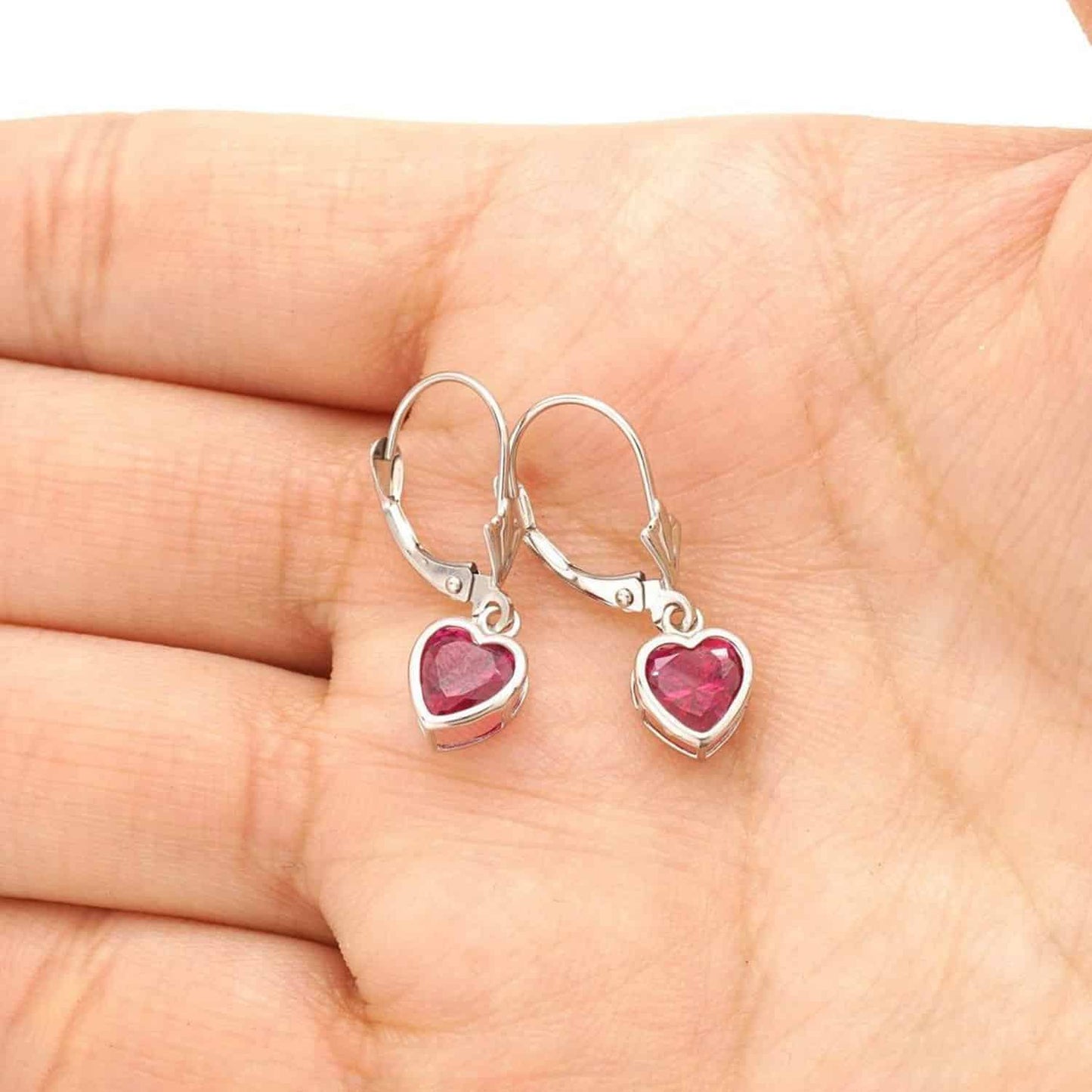 14K White Gold 7mm Bezel Heart Shaped Birthstone Leverback Dangle Earrings
