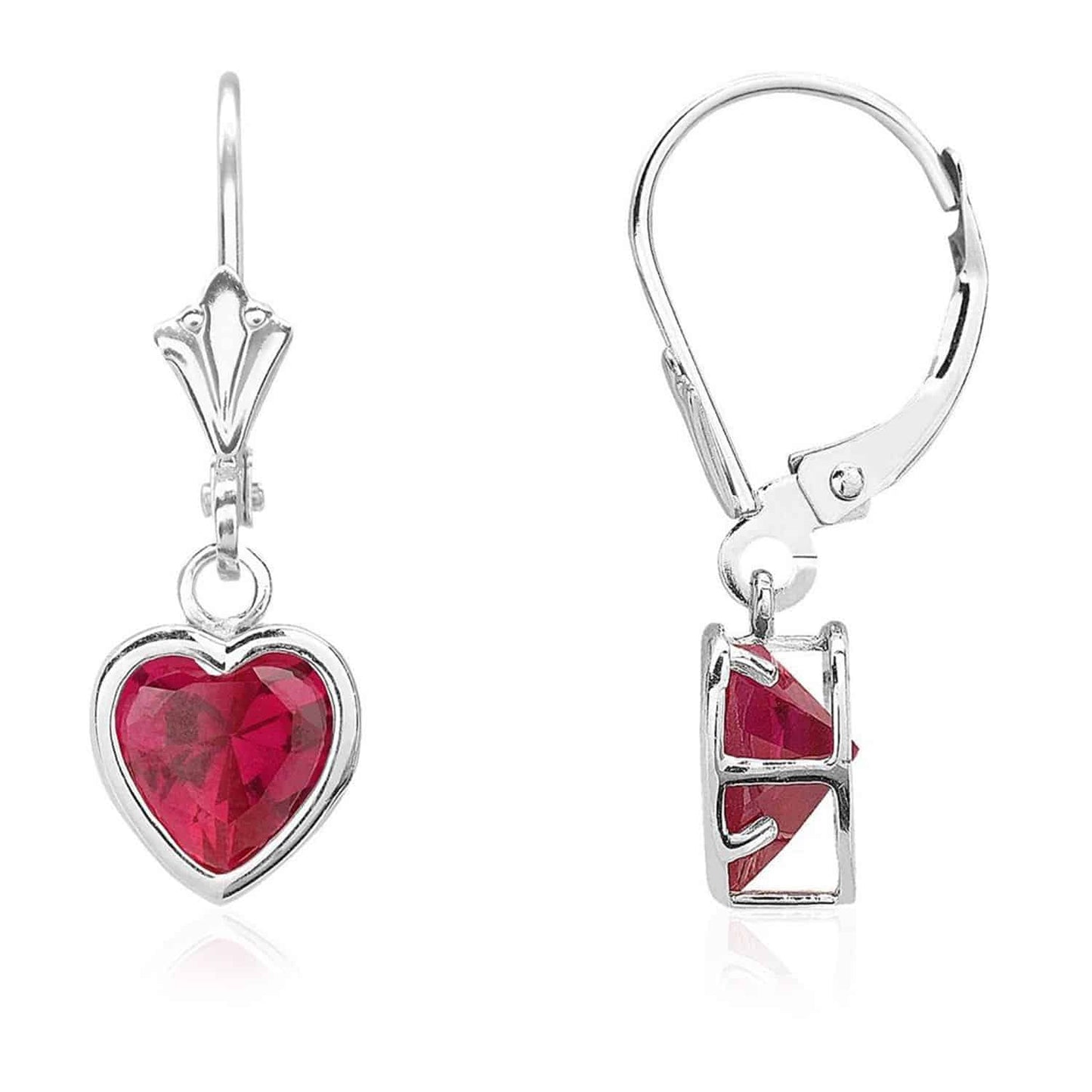 14K White Gold 7mm Bezel Heart Shaped Birthstone Leverback Dangle Earrings