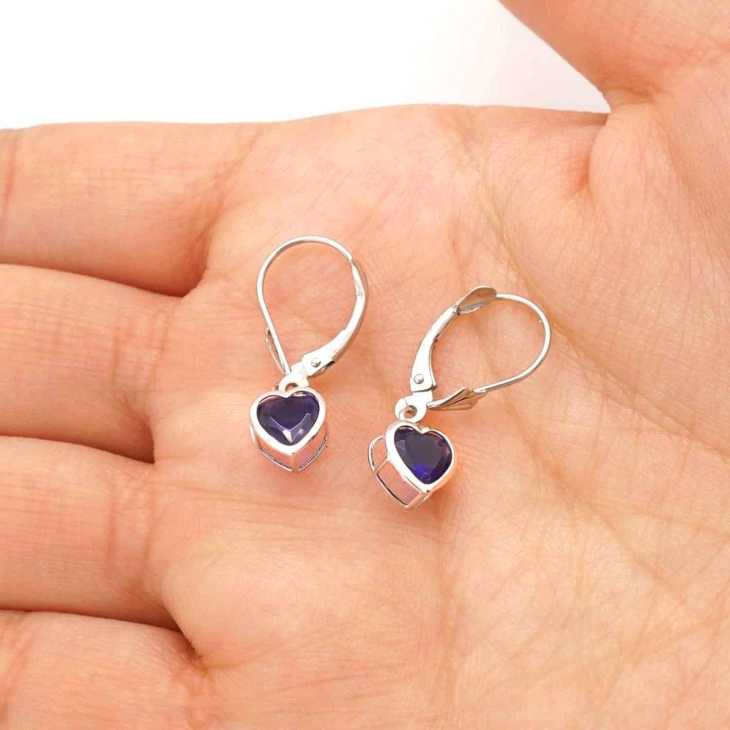 14K White Gold 7mm Bezel Heart Shaped Birthstone Leverback Dangle Earrings