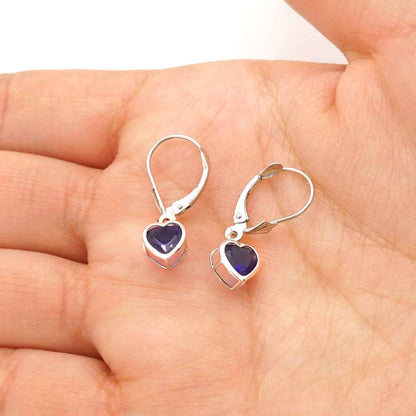 14K White Gold 7mm Bezel Heart Shaped Birthstone Leverback Dangle Earrings