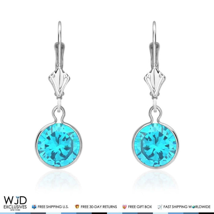 Bezel Set Round Blue Topaz Lever Back Dangle Earrings 14K White Gold 1"