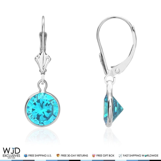 Bezel Set Round Blue Topaz Lever Back Dangle Earrings 14K Solid White Gold 1"