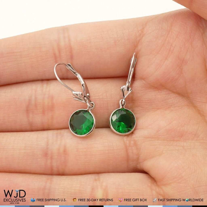 14K White Gold Bezel Set Round Simulated Emerald Dangle Leverback Earrings 1"