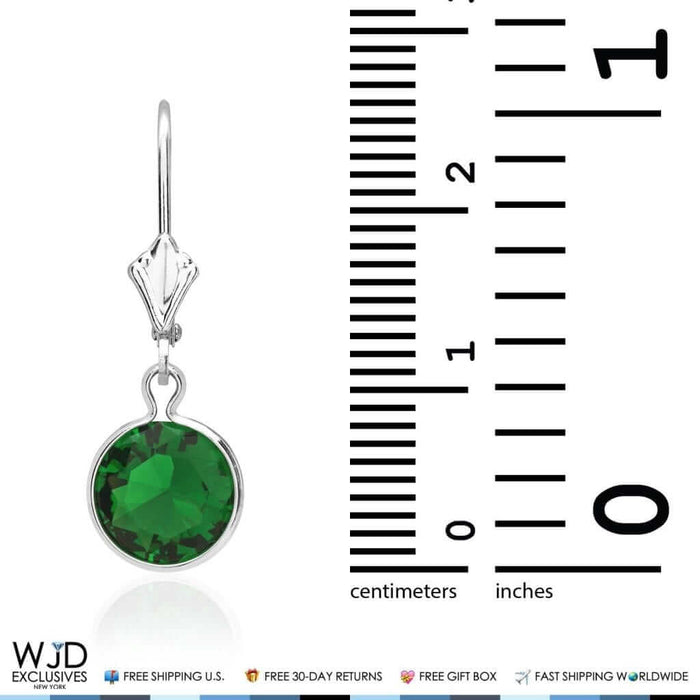 14K White Gold Bezel Set Round Simulated Emerald Dangle Leverback Earrings 1"
