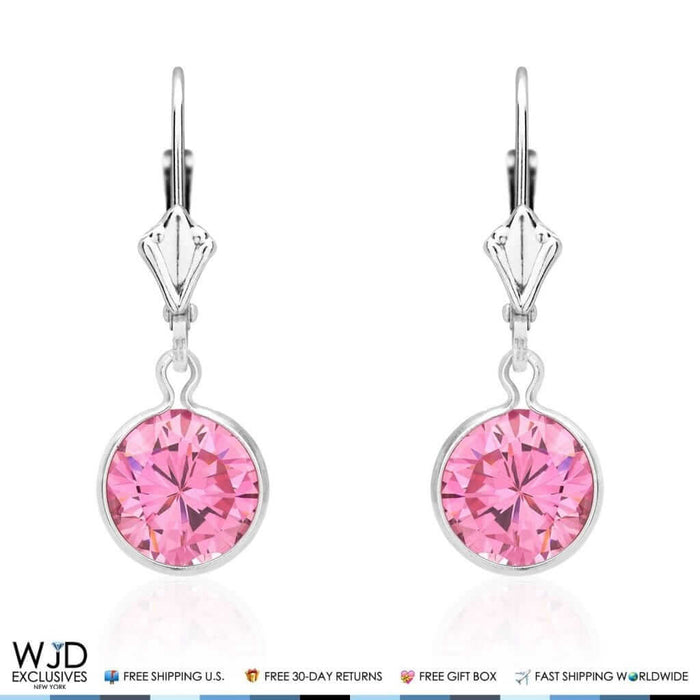 Bezel Set Round Pink Tourmaline Dangle Drop Leverback Earrings 14K White Gold