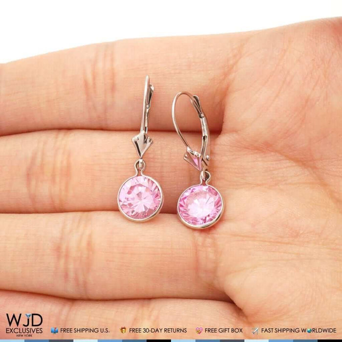 Bezel Set Round Pink Tourmaline Dangle Drop Leverback Earrings 14K White Gold