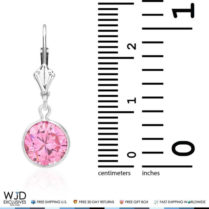 Bezel Set Round Pink Tourmaline Dangle Drop Leverback Earrings 14K White Gold