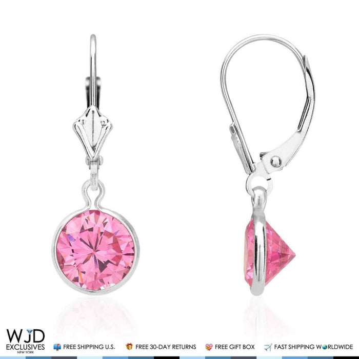 Bezel Set Round Pink Tourmaline Dangle Drop Leverback Earrings 14K White Gold